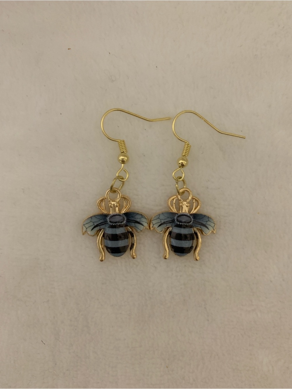 Gold Bee Dangle Earrings with Black & Blue Stripes
